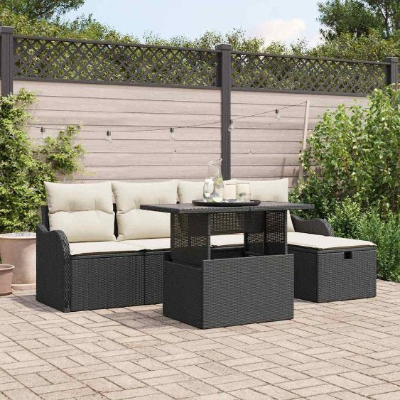 vidaXL Garten-Sofa-Set mit Kissen 6 pcs Schwarz Poly Rattan