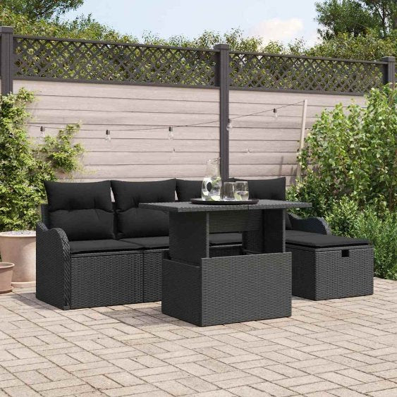 vidaXL Garten-Sofa-Set mit Kissen 6 pcs Schwarz Poly Rattan