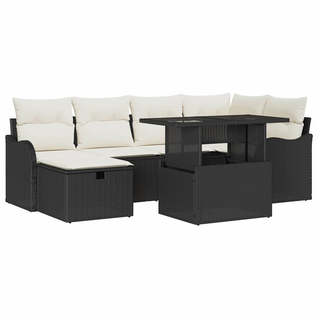 vidaXL Garten-Sofa-Set mit Kissen 7 pcs Schwarz Poly Rattan