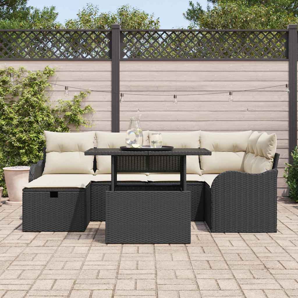 vidaXL Garten-Sofa-Set mit Kissen 7 pcs Schwarz Poly Rattan
