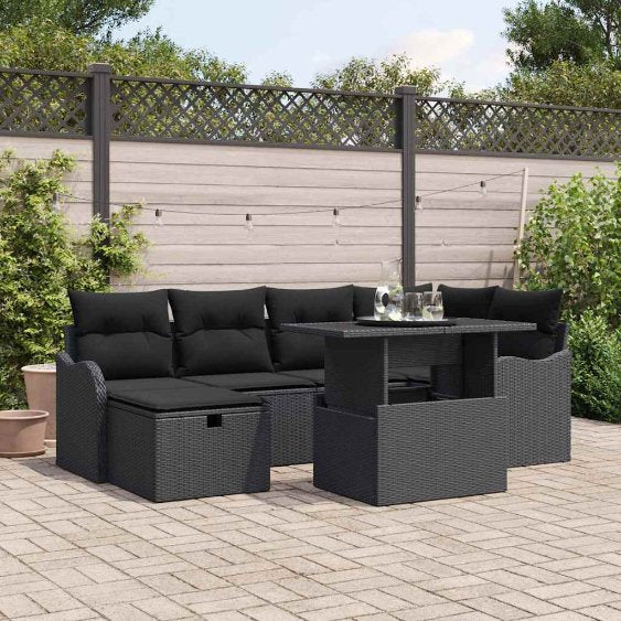 vidaXL Garten-Sofa-Set mit Kissen 7 pcs Schwarz Poly Rattan