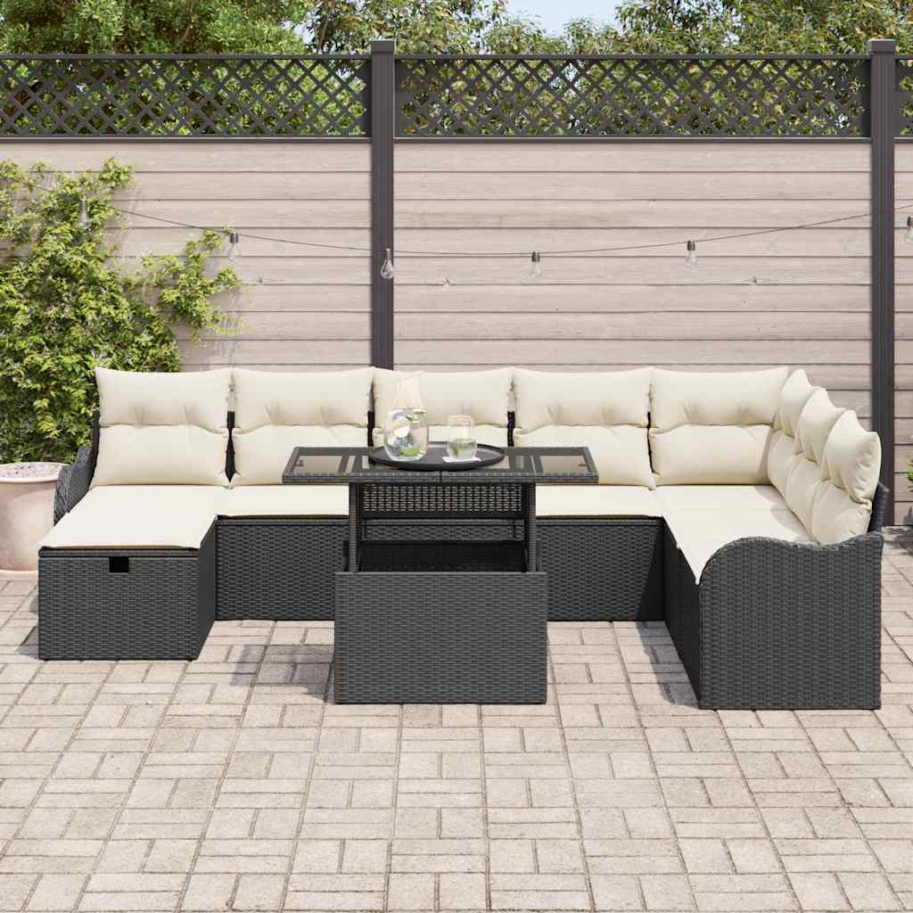 vidaXL Garten-Sofa-Set mit Kissen 9 pcs Schwarz Poly Rattan