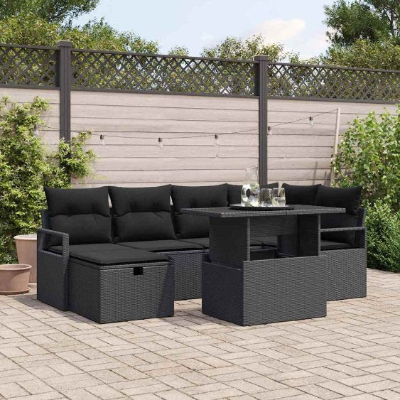 vidaXL Garten-Sofa-Set mit Kissen 7 pcs Schwarz Poly Rattan