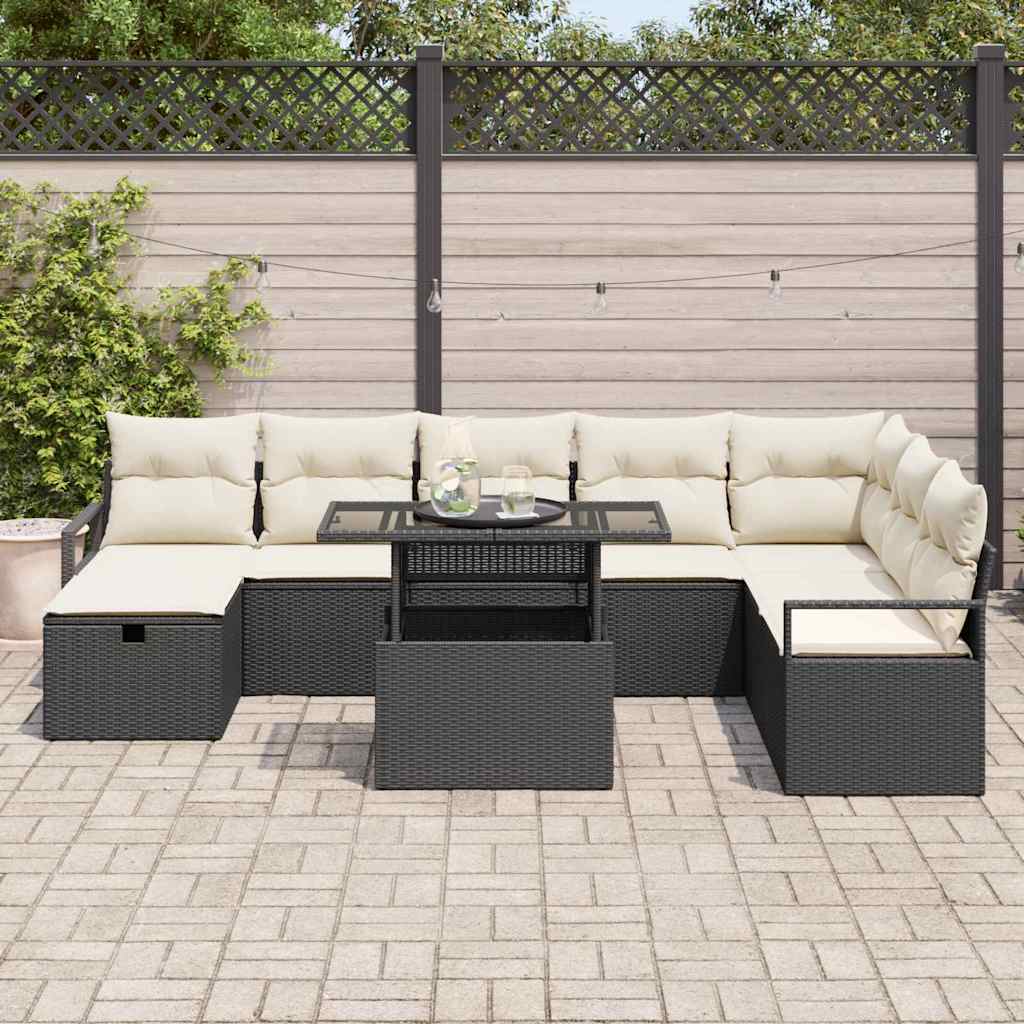 vidaXL Garten-Sofa-Set mit Kissen 9 pcs Schwarz Poly Rattan