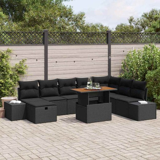 vidaXL Garten-Sofa-Set mit Speicher 9 pcs Schwarz Poly Rattan