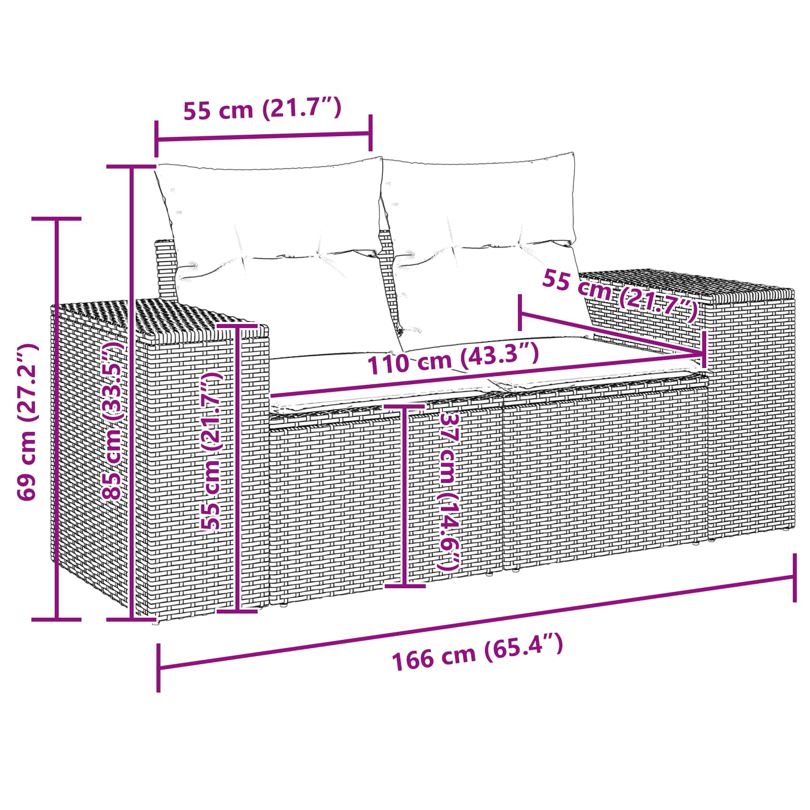 vidaXL Gartensofa-set mit Kissen 9 pcs Schwarz Poly-Rattan