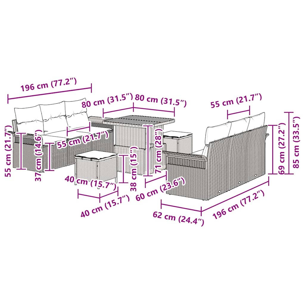 vidaXL Gartensofa-set mit Kissen 9 pcs Schwarz Poly-Rattan