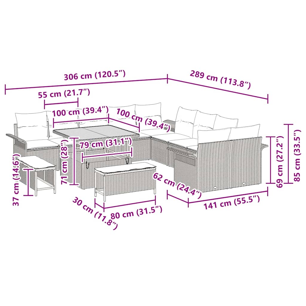 vidaXL Gartensofa-set mit Kissen 13 pcs Schwarz Poly-Rattan