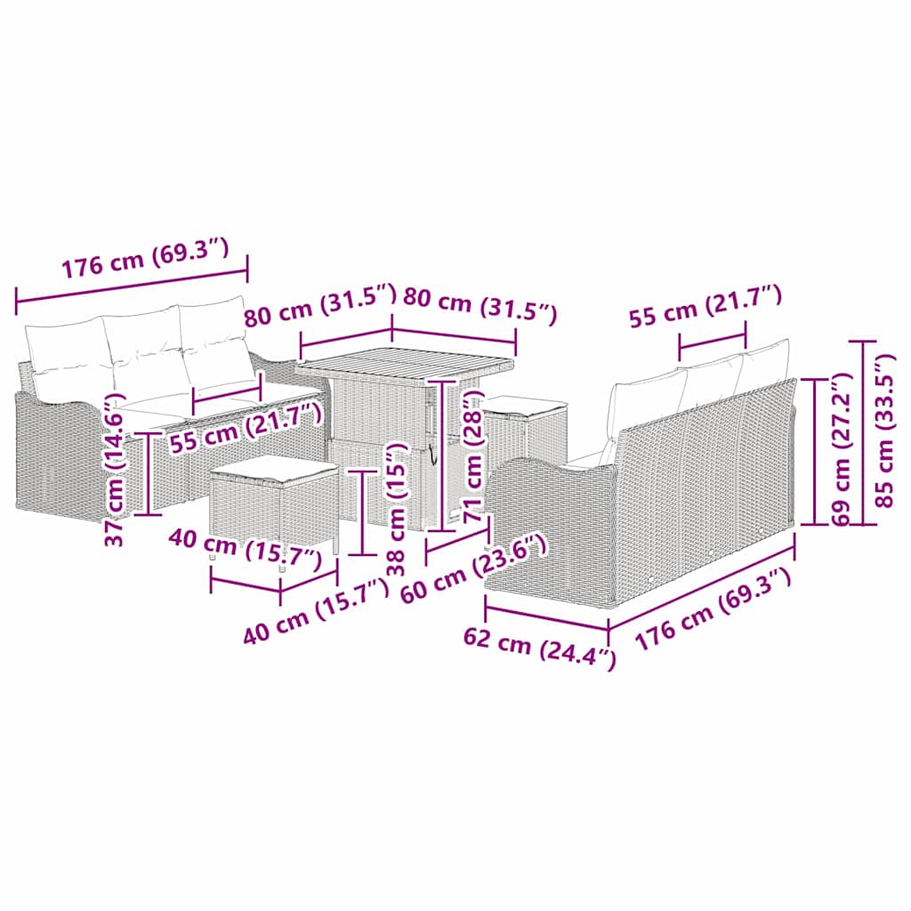 vidaXL Gartensofa-set mit Kissen 9 pcs Schwarz Poly-Rattan