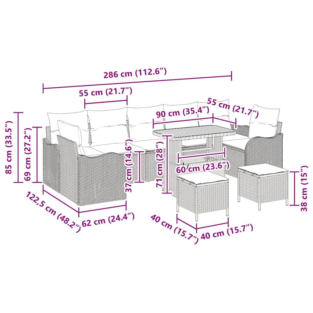 vidaXL Garten-Sofa-Set 10 pcs Schwarz Poly-Rattan
