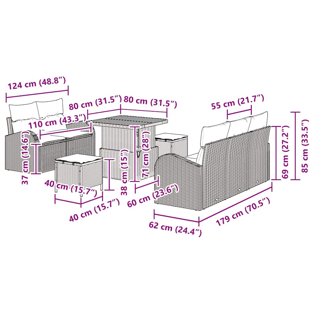 vidaXL Gartensofa-set mit Kissen 8 pcs Schwarz Poly-Rattan