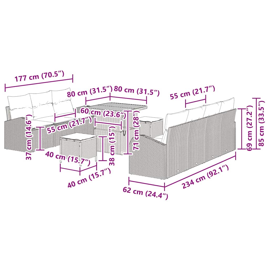 vidaXL Gartensofa-set mit Kissen 10 pcs Schwarz Poly-Rattan