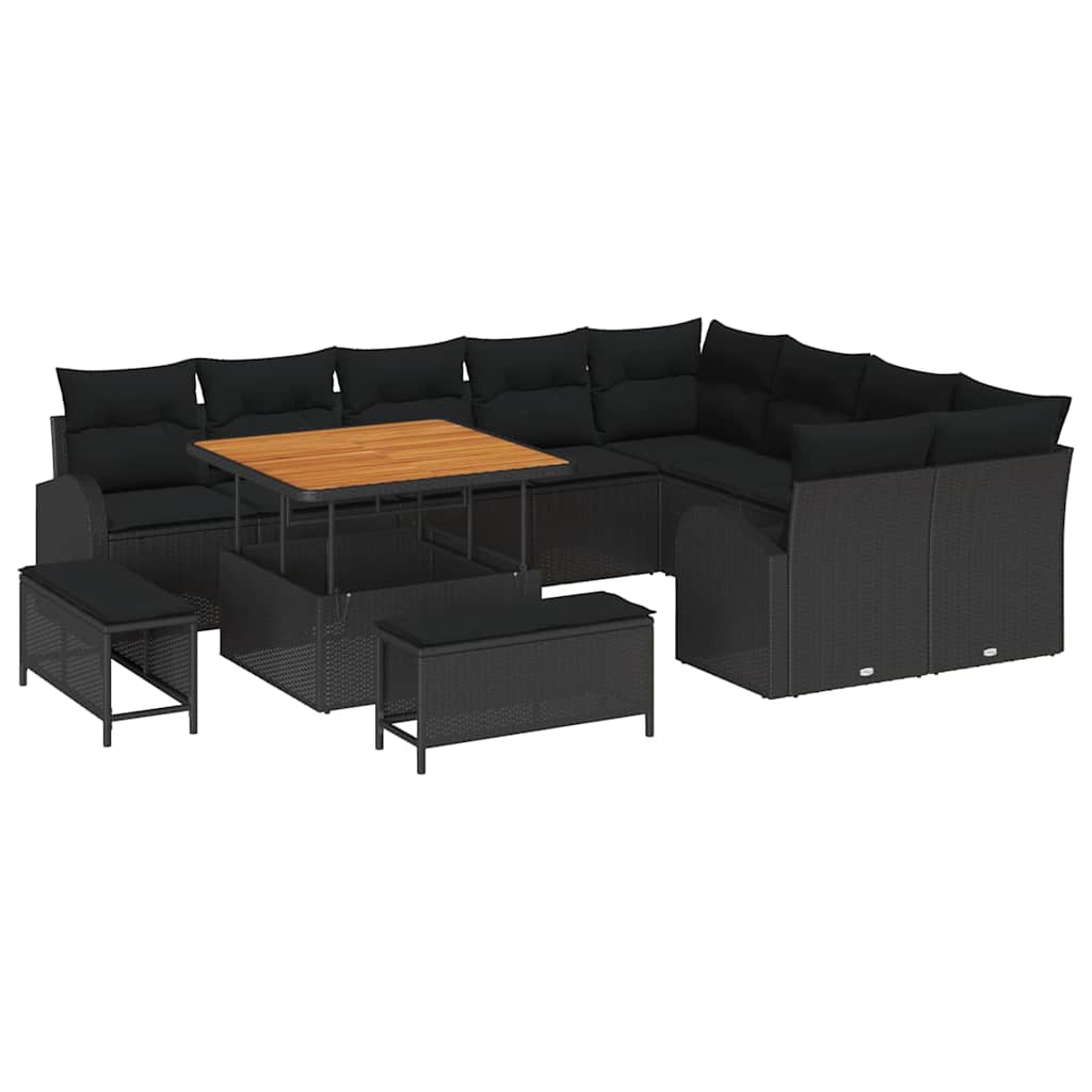 vidaXL Garten-Sofa-Set mit Kissen 12 pcs Schwarz Poly Rattan