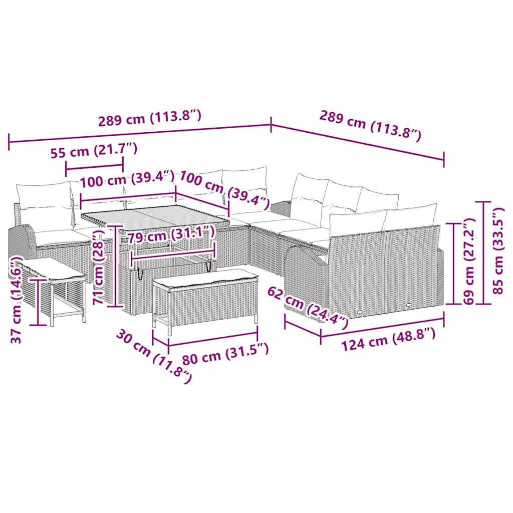 vidaXL Garten-Sofa-Set mit Kissen 13 pcs Schwarz Poly Rattan