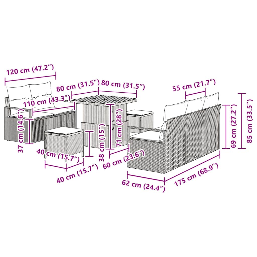 vidaXL Garten-Sofa-Set mit Kissen 8 pcs Schwarz Poly Rattan