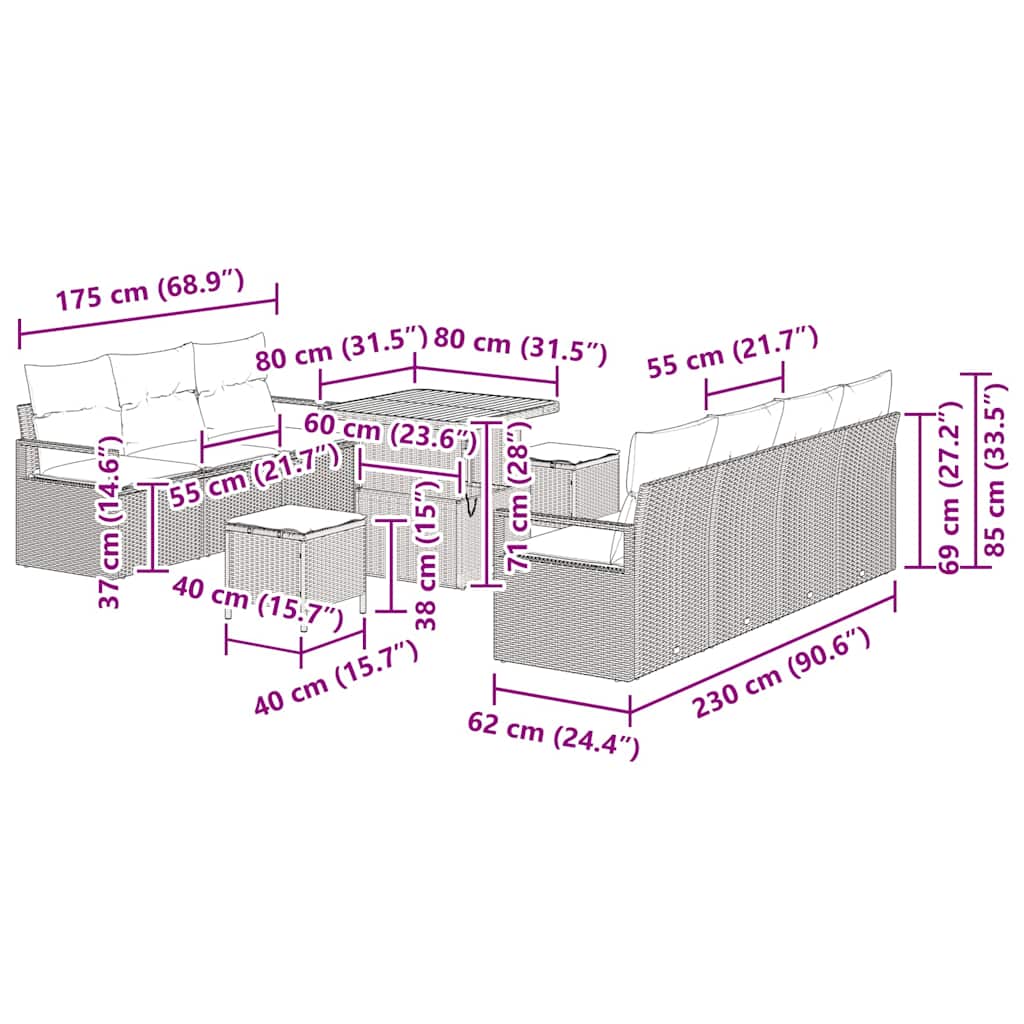 vidaXL Garten-Sofa-Set mit Kissen 10 pcs Schwarz Poly Rattan