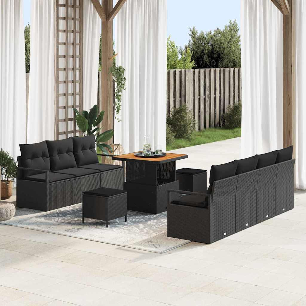 vidaXL Garten-Sofa-Set mit Kissen 10 pcs Schwarz Poly Rattan