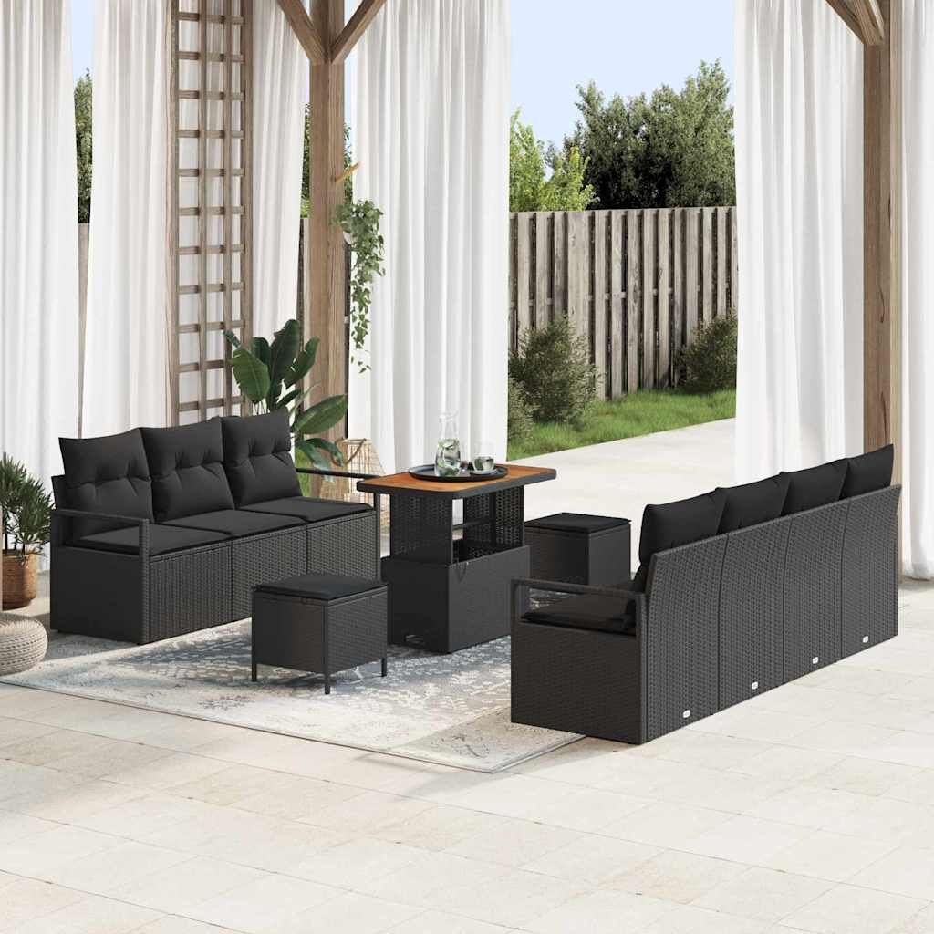 vidaXL Garten-Sofa-Set mit Kissen 10 pcs Schwarz Poly Rattan