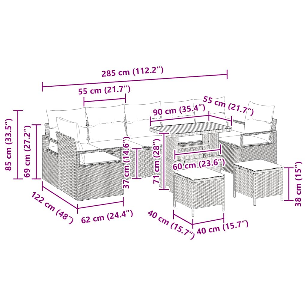vidaXL Gartensofa-set mit Kissen 10 pcs Schwarz Poly-Rattan