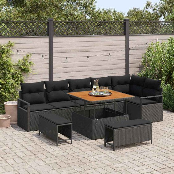 vidaXL Garten-Sofa-Set mit Kissen 9 pcs Schwarz Poly Rattan