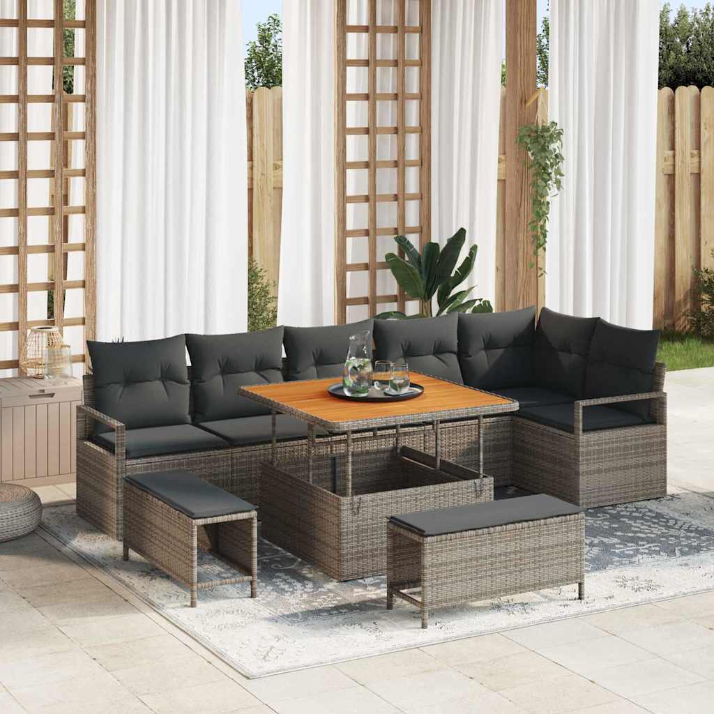 vidaXL Garten-Sofa-Set mit Kissen 9 pcs Schwarz Poly Rattan