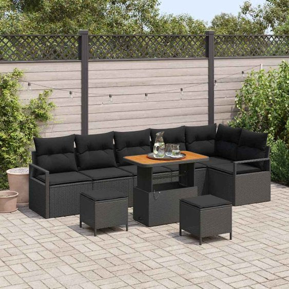 vidaXL Garten-Sofa-Set mit Kissen 9 pcs Schwarz Poly Rattan