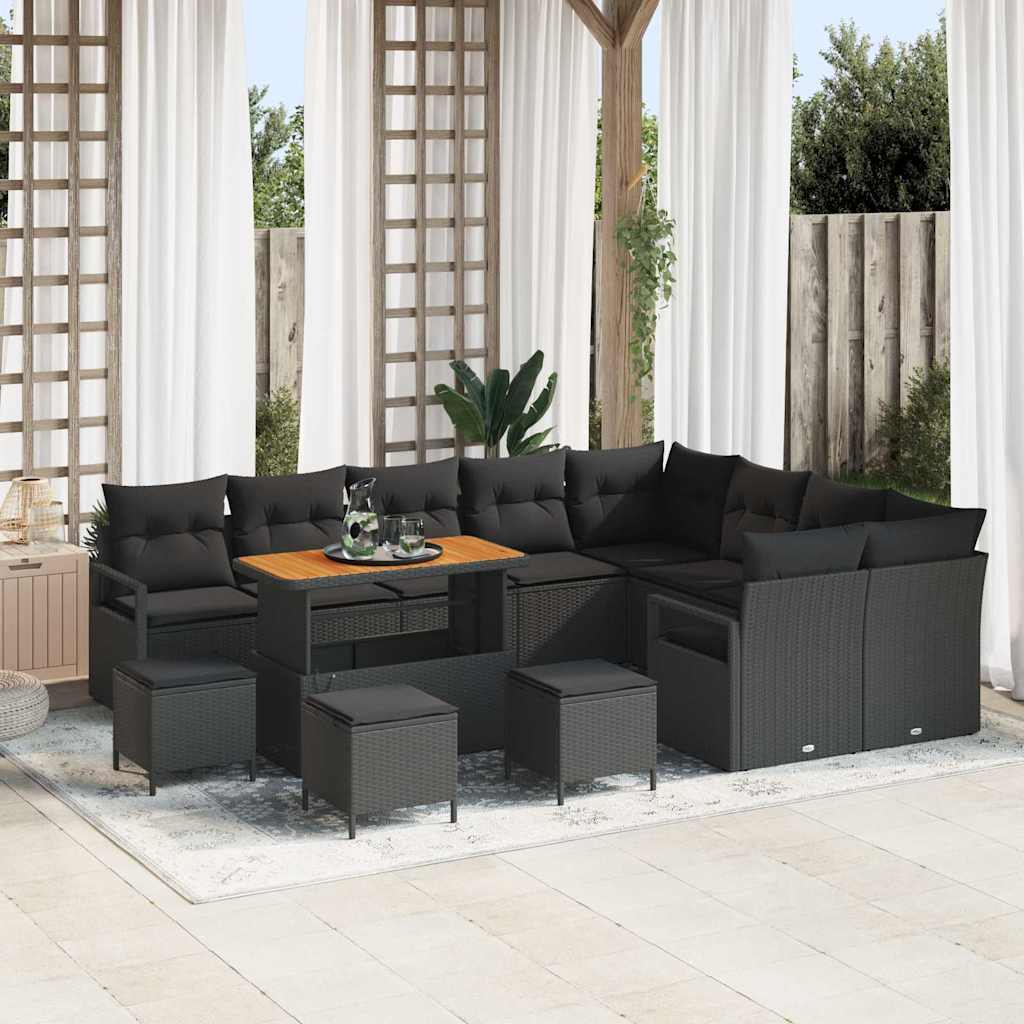 vidaXL Garten-Sofa-Set mit Kissen 12 pcs Schwarz Poly Rattan
