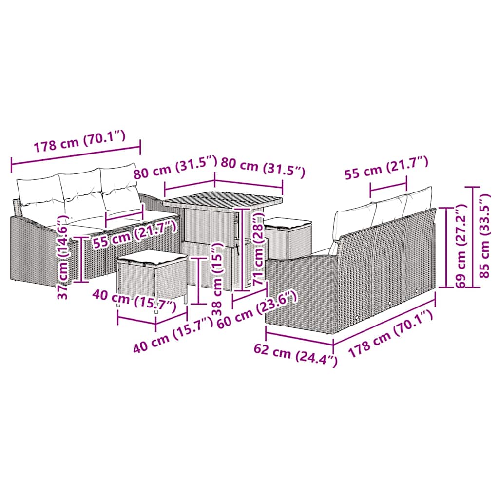 vidaXL Garten-Sofa-Set mit Kissen 9 pcs Schwarz Poly Rattan
