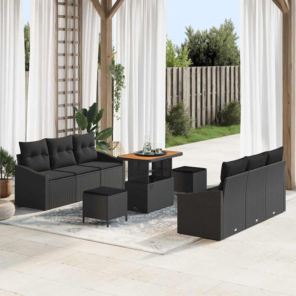 vidaXL Garten-Sofa-Set mit Kissen 9 pcs Schwarz Poly Rattan
