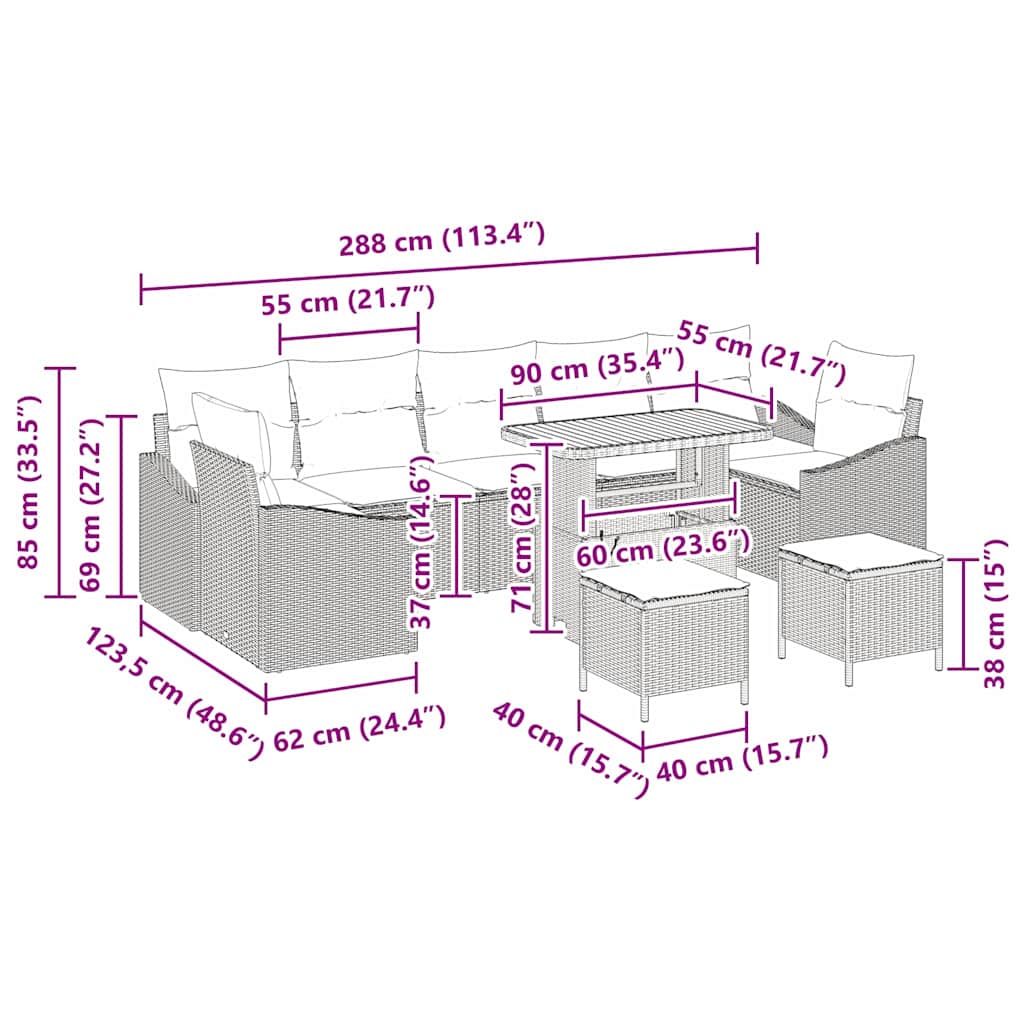 vidaXL Garten-Sofa-Set mit Kissen 10 pcs Schwarz Poly Rattan