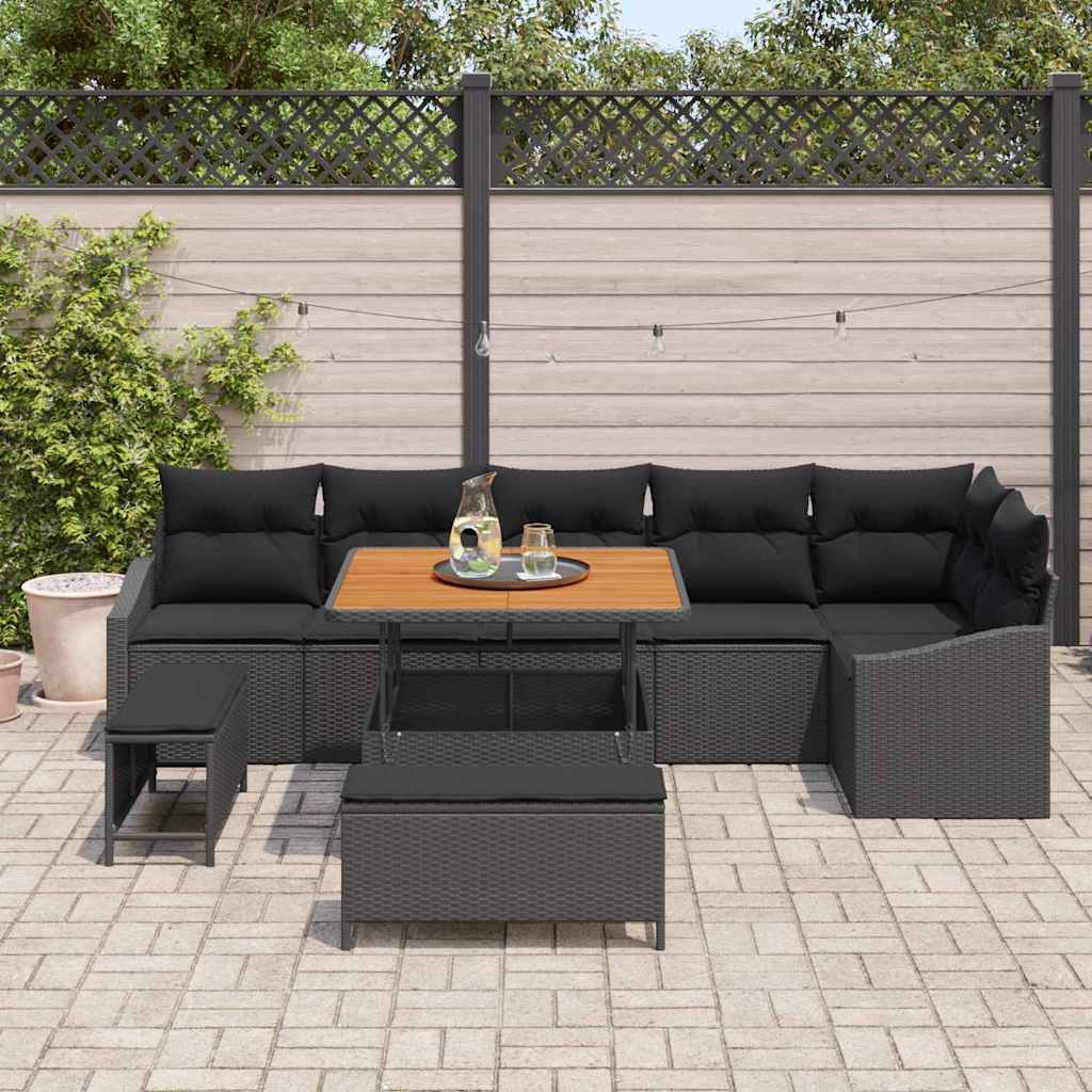 vidaXL Garten-Sofa-Set mit Kissen 9 pcs Schwarz Poly Rattan