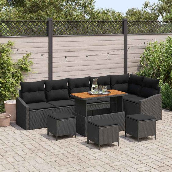 vidaXL Garten-Sofa-Set mit Kissen 9 pcs Schwarz Poly Rattan