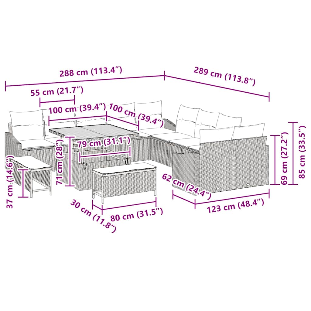 vidaXL Gartensofa-set mit Kissen 13 pcs Schwarz Poly-Rattan