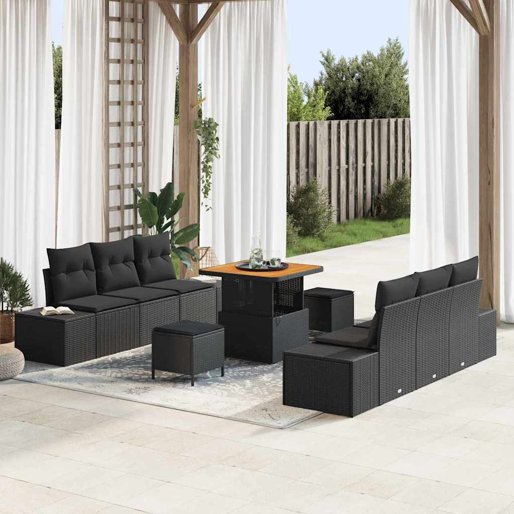 vidaXL Garten-Sofa-Set mit Kissen 9 pcs Schwarz Poly Rattan