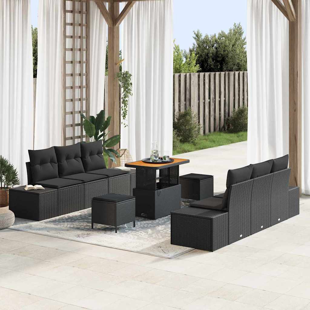 vidaXL Garten-Sofa-Set mit Kissen 9 pcs Schwarz Poly Rattan