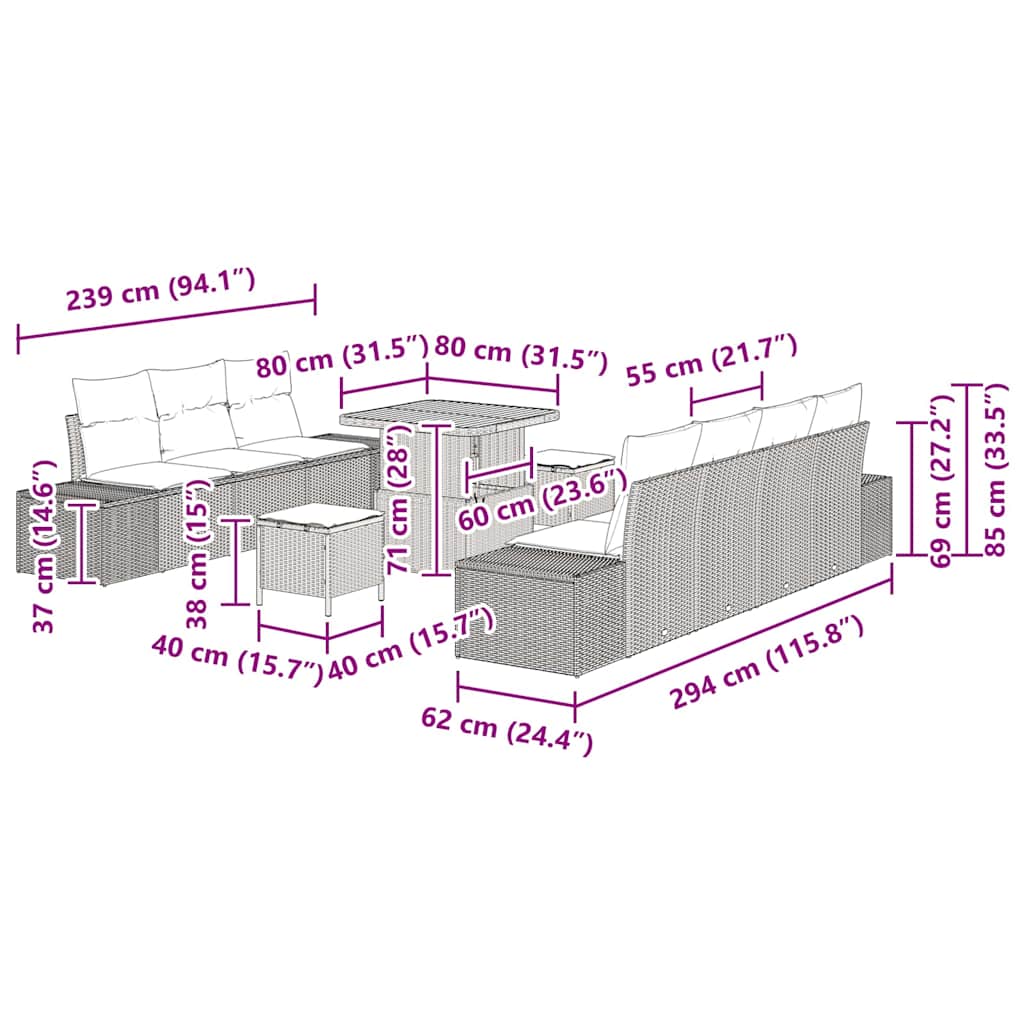 vidaXL Gartensofa-set mit Kissen 10 pcs Schwarz Poly-Rattan