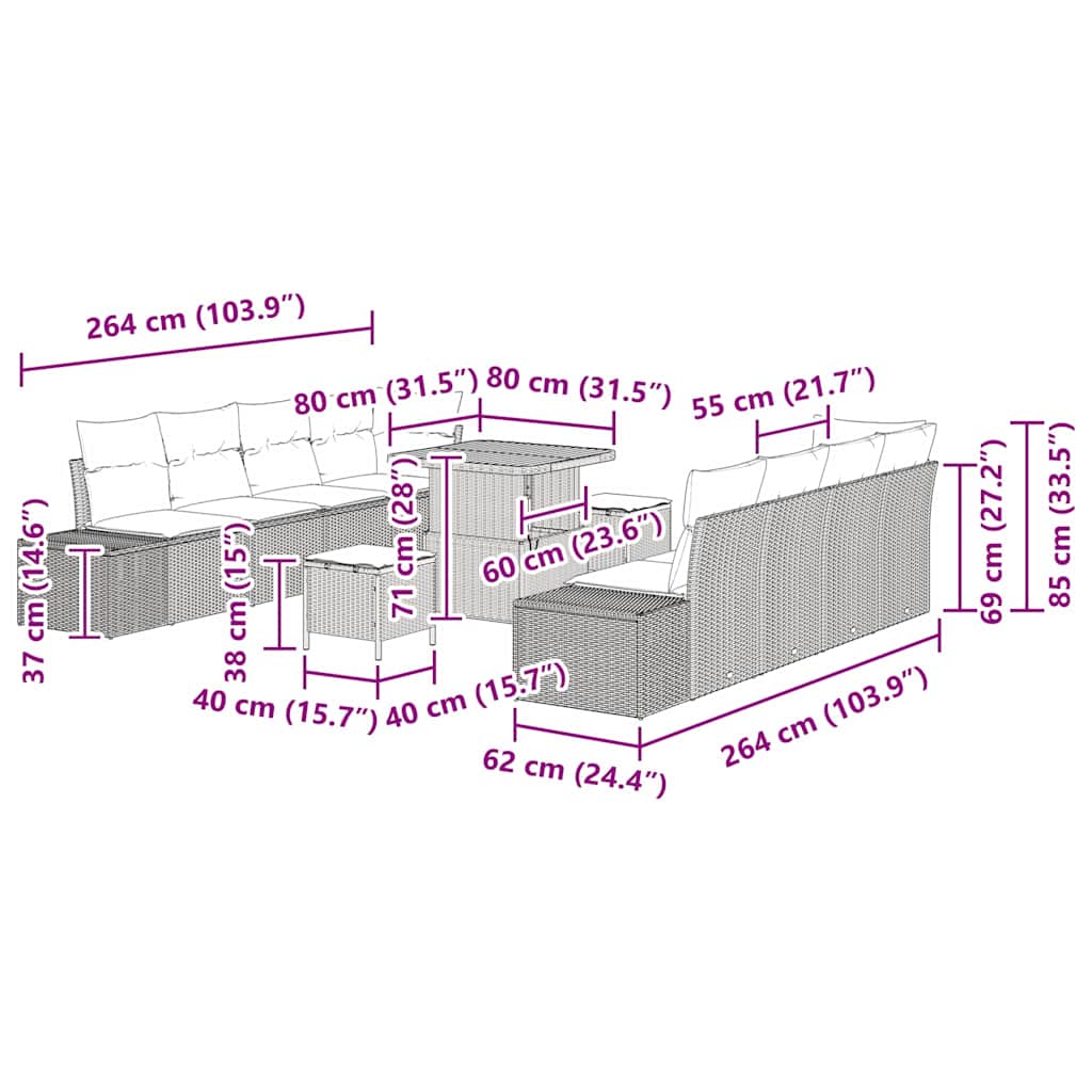 vidaXL Gartensofa-set mit Kissen 11 pcs Schwarz Poly-Rattan