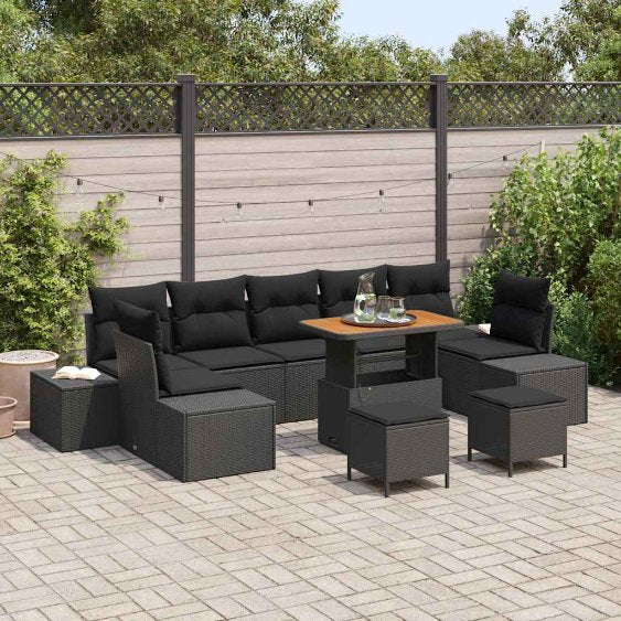 vidaXL Garten-Sofa-Set mit Kissen 10 pcs Schwarz Poly Rattan