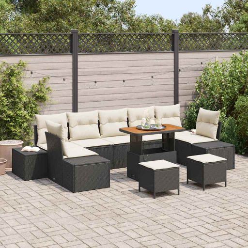 vidaXL Garten-Sofa-Set mit Kissen 10 pcs Schwarz Poly Rattan