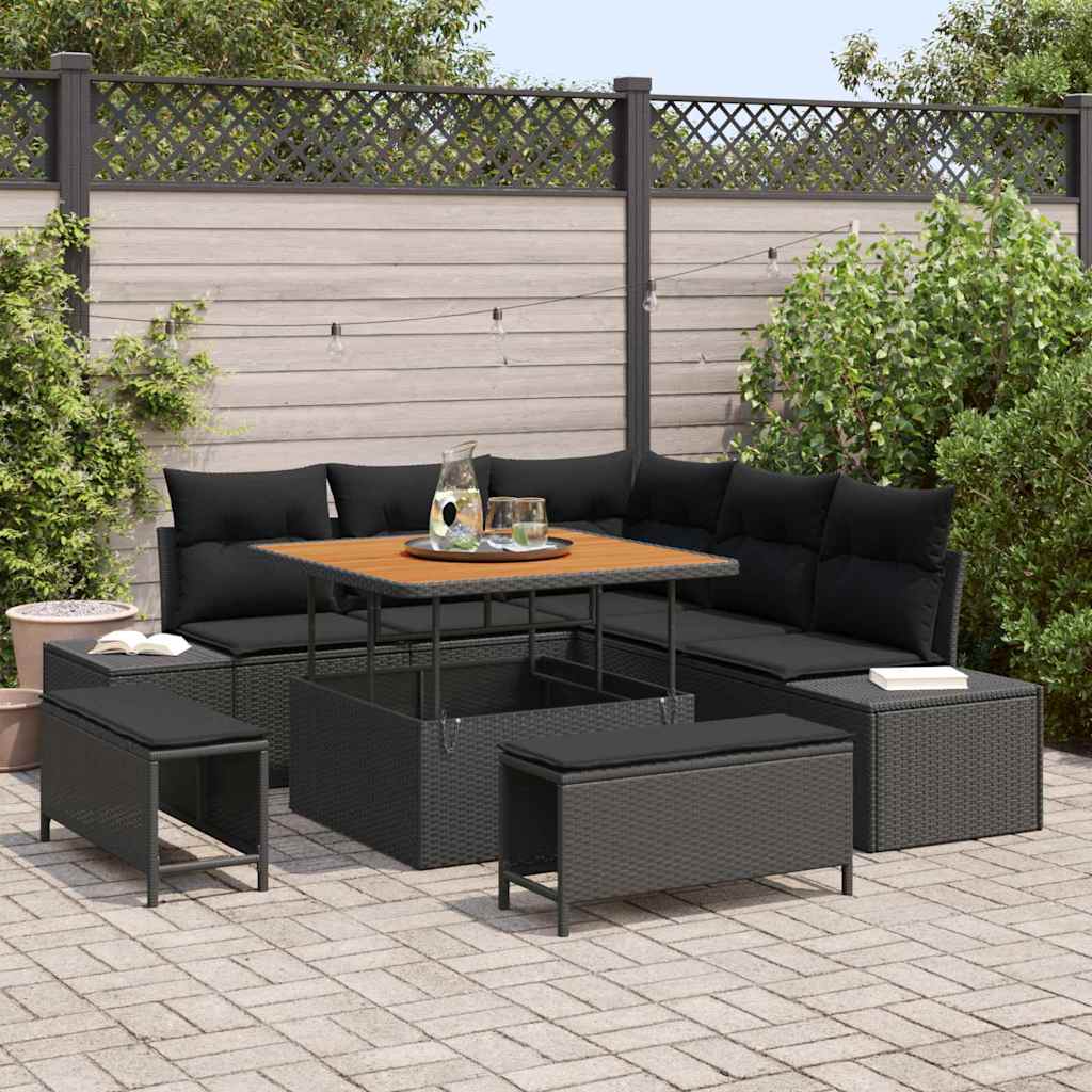 vidaXL Garten-Sofa-Set mit Kissen 8 pcs Schwarz Poly Rattan