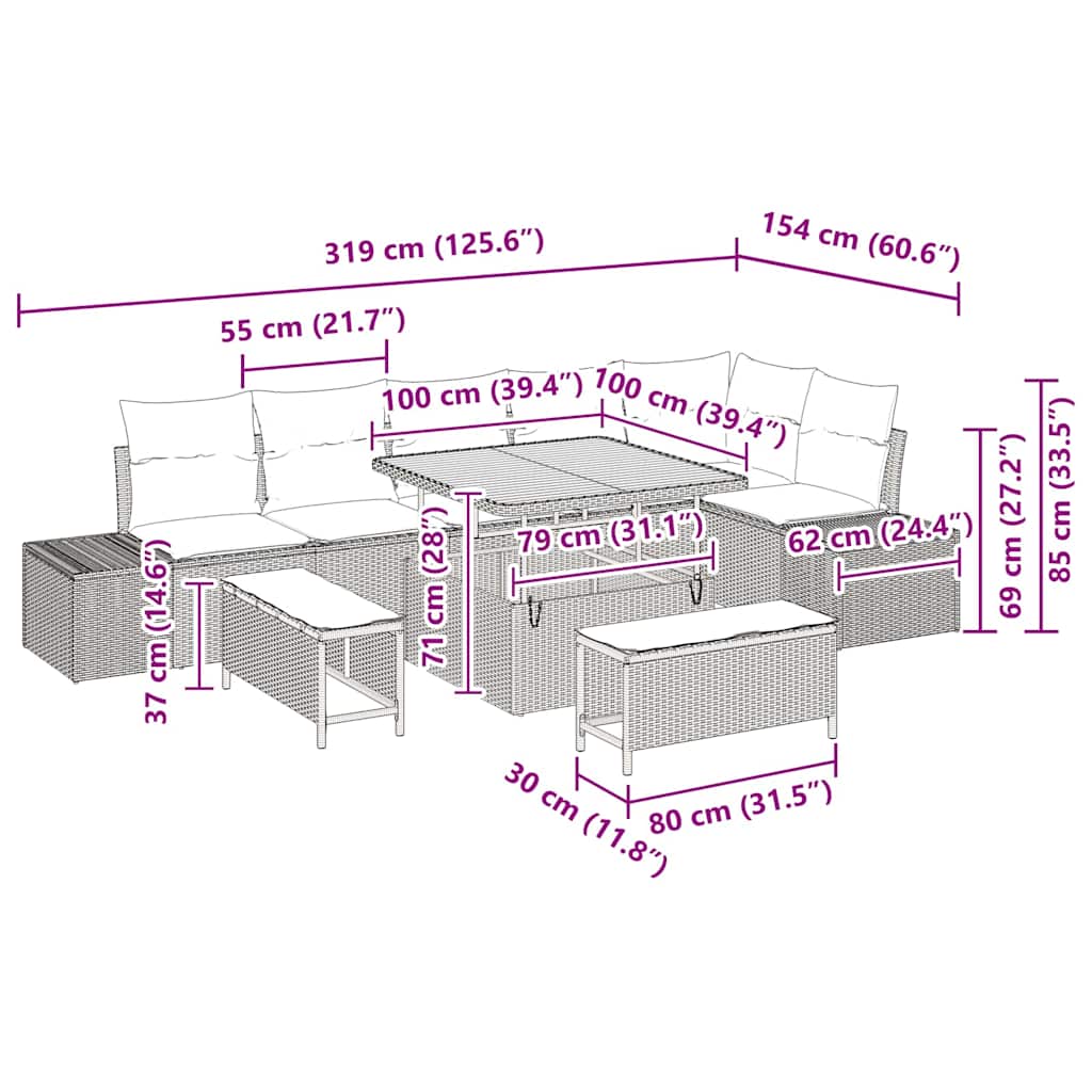 vidaXL Gartensofa-set mit Kissen 9 pcs Schwarz Poly-Rattan