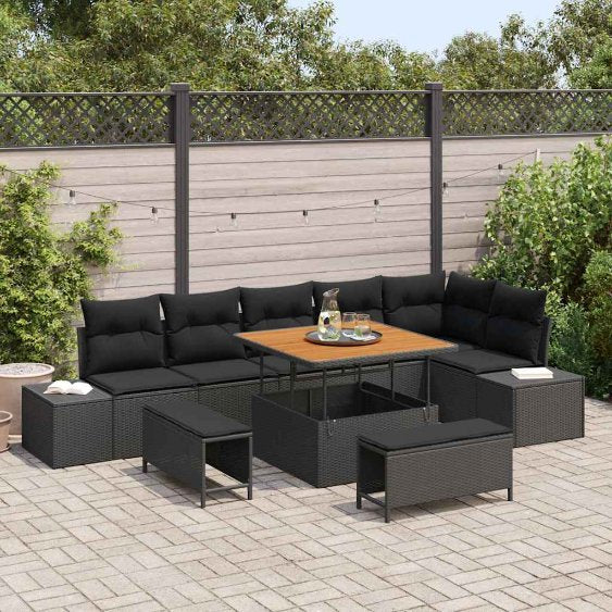 vidaXL Gartensofa-set mit Kissen 9 pcs Schwarz Poly-Rattan