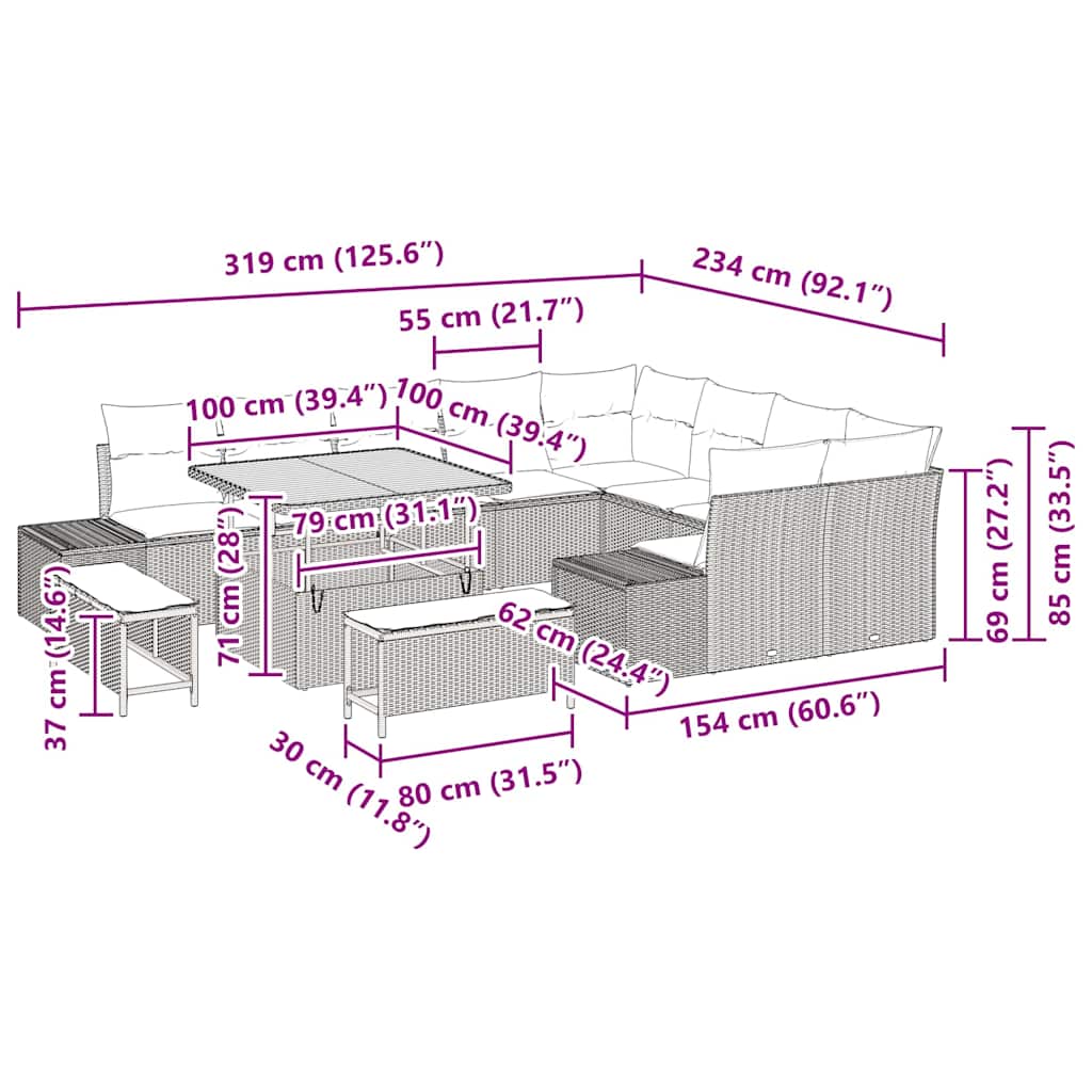 vidaXL Garten-Sofa-Set mit Speicher 12 pcs Schwarz Poly Rattan
