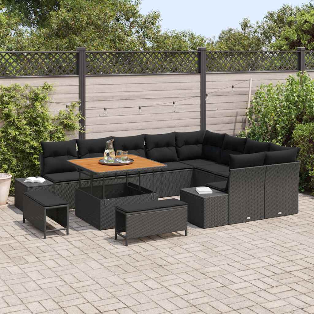 vidaXL Garten-Sofa-Set mit Speicher 12 pcs Schwarz Poly Rattan
