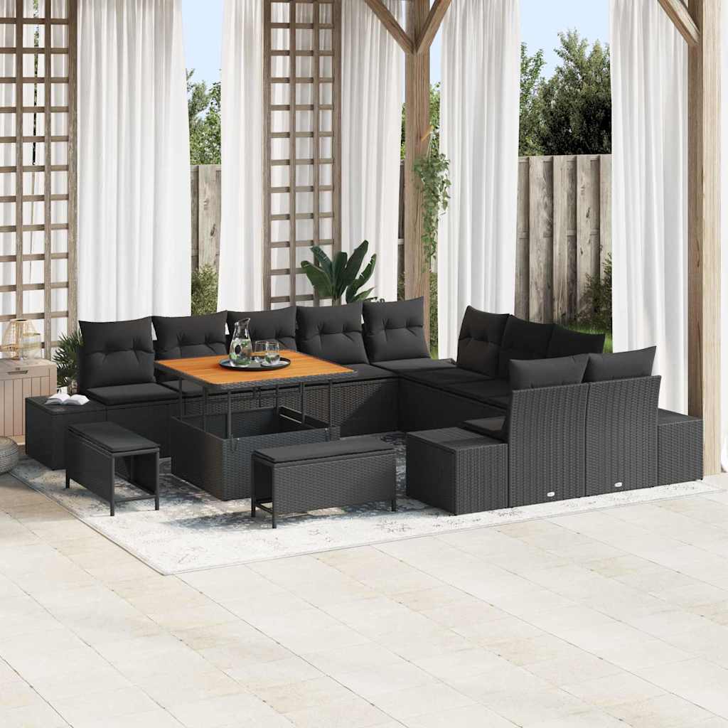 vidaXL Garten-Sofa-Set mit Kissen 13 pcs Schwarz Poly Rattan
