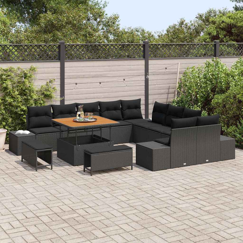 vidaXL Garten-Sofa-Set mit Kissen 13 pcs Schwarz Poly Rattan
