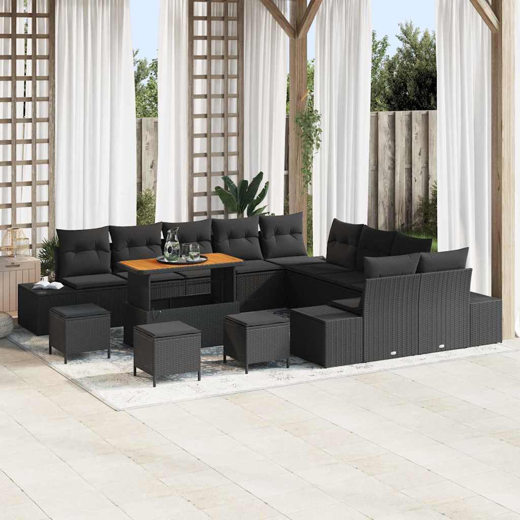 vidaXL Garten-Sofa-Set mit Kissen 13 pcs Schwarz Poly Rattan