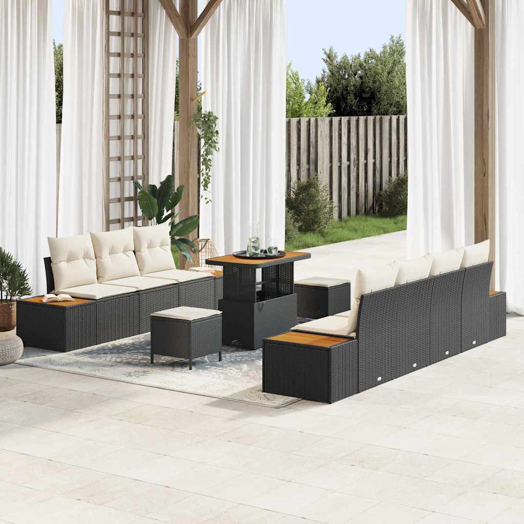 vidaXL Garten-Sofa-Set mit Kissen 10 pcs Schwarz Poly Rattan