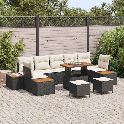 vidaXL Garten-Sofa-Set mit Kissen 10 pcs Schwarz Poly Rattan
