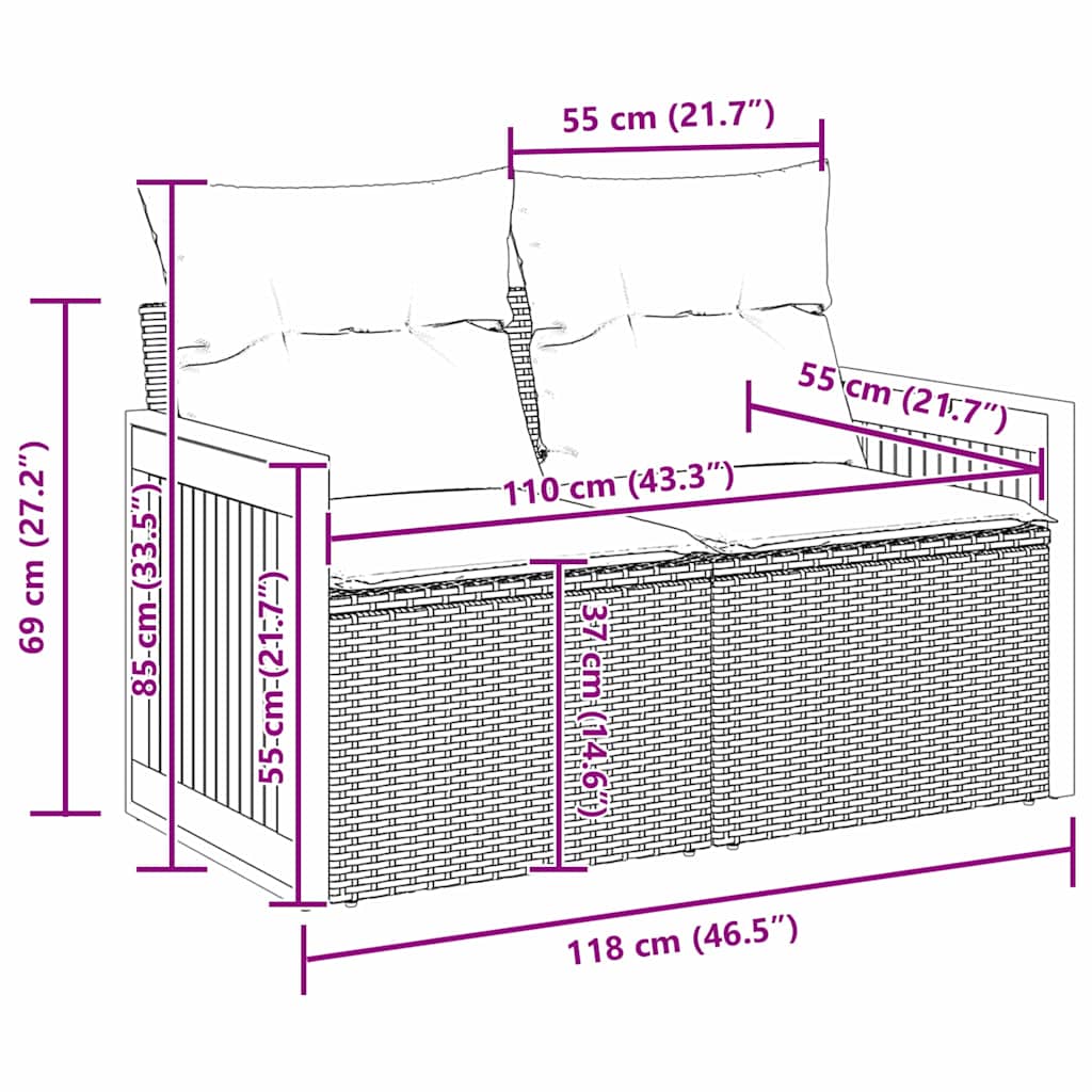 vidaXL Garten-Sofa-Set mit Kissen 8 pcs Schwarz